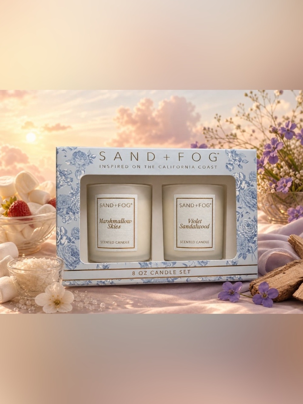 NEW Sand + Fog Marshmallow Skies & Violet Sandalwood two 8 oz. Candle Set